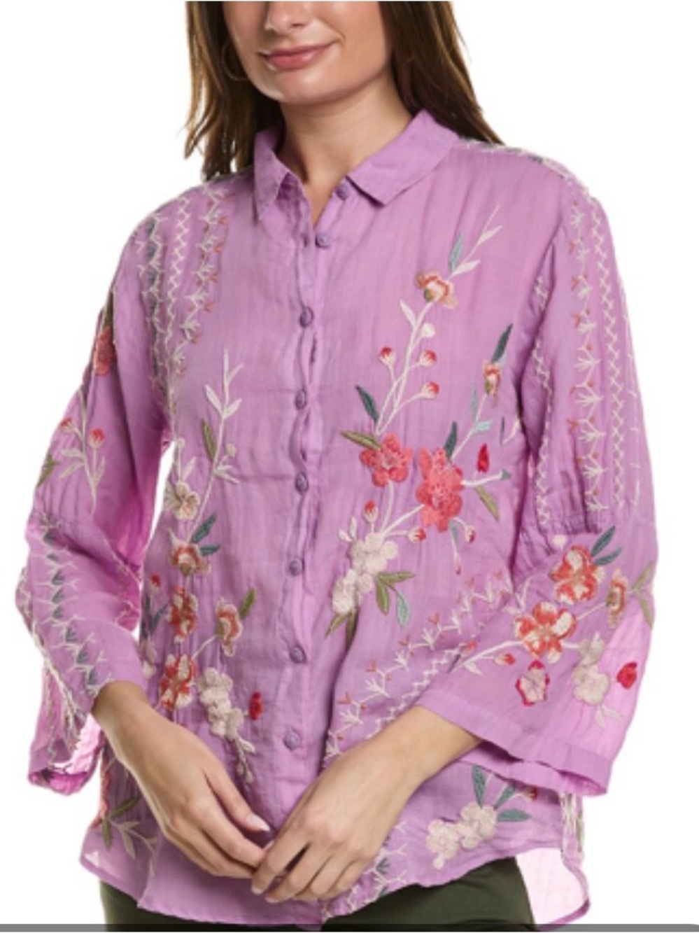 Johnny Was Workshop Cherri Kimono Sleeve Lavender Embroidered Button-Down Shirt